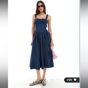 ASOS DESIGN lace up corset midi dress with full skirt in navy